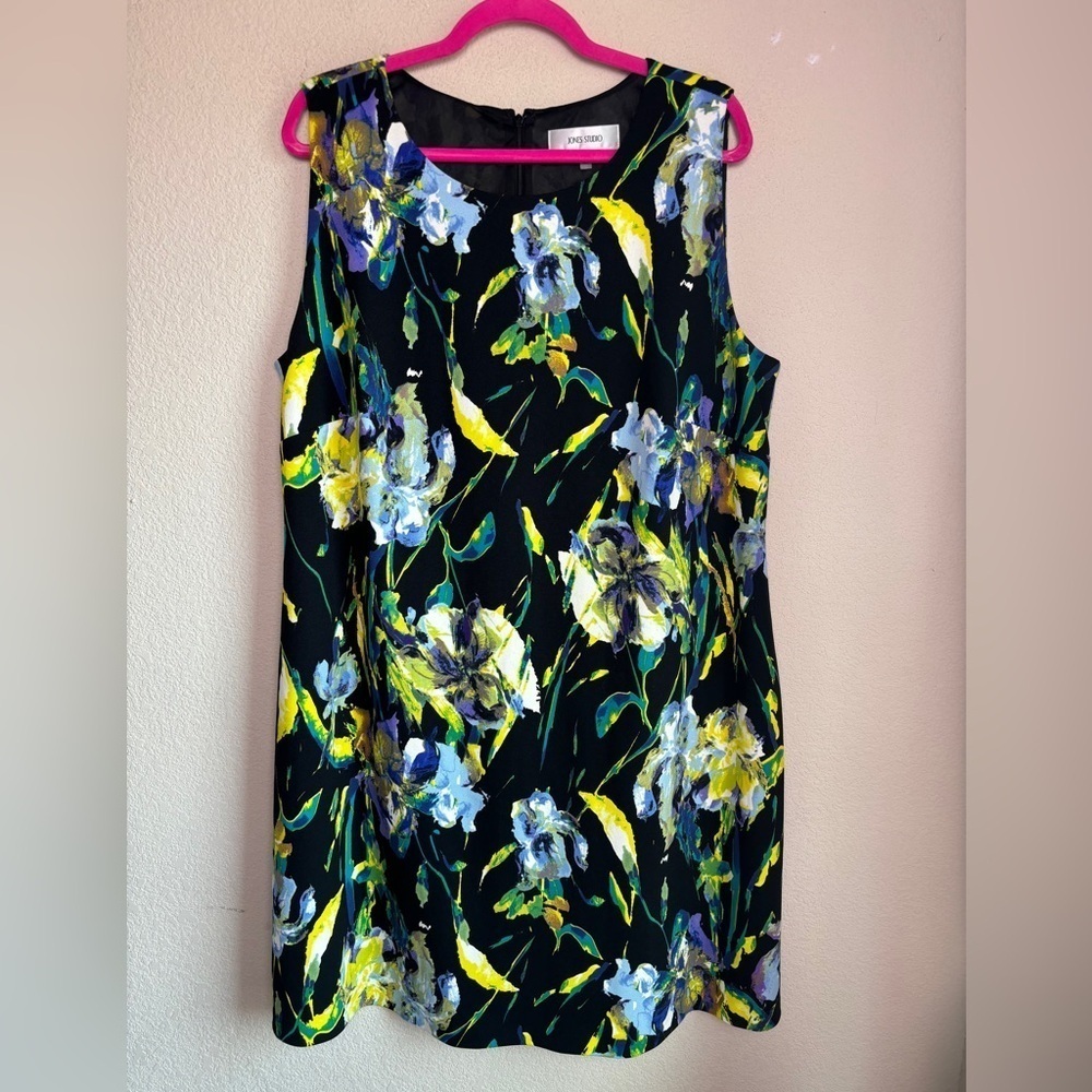 Jones Studio Black and Yellow Spring Floral Sleeveless Sheath Shift Dress 16W